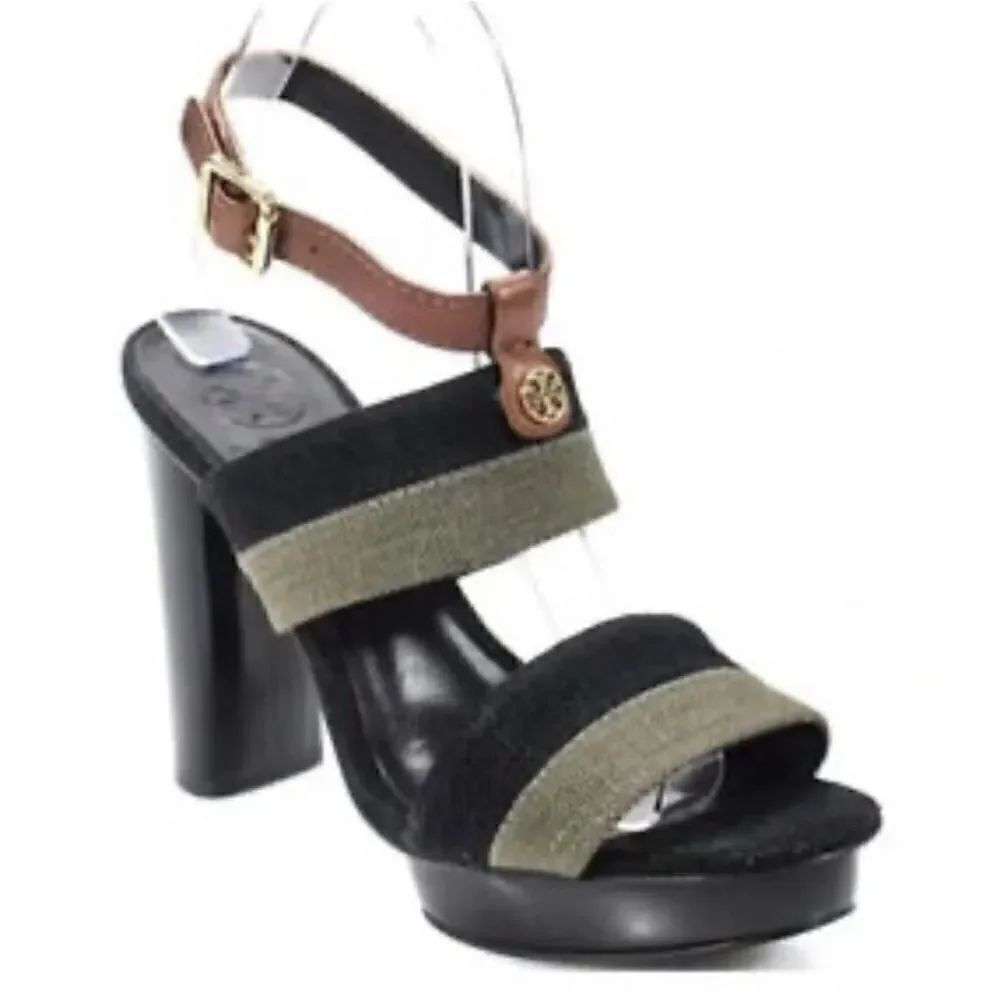 Tory Burch Stripped Canvas/ Leather Platform Sandal Size 9